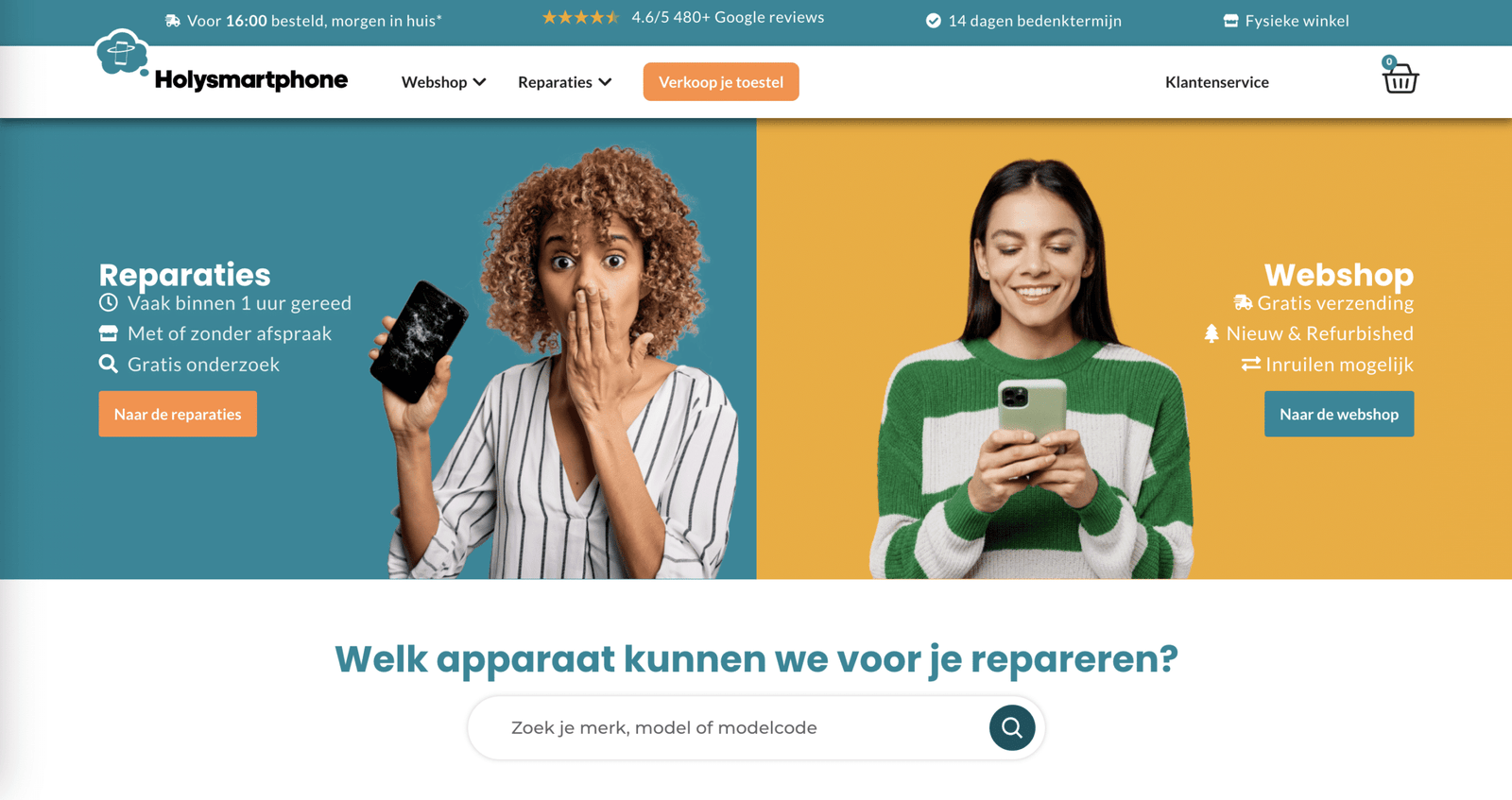 Homepage van holysmartphone met reparaties en webshop